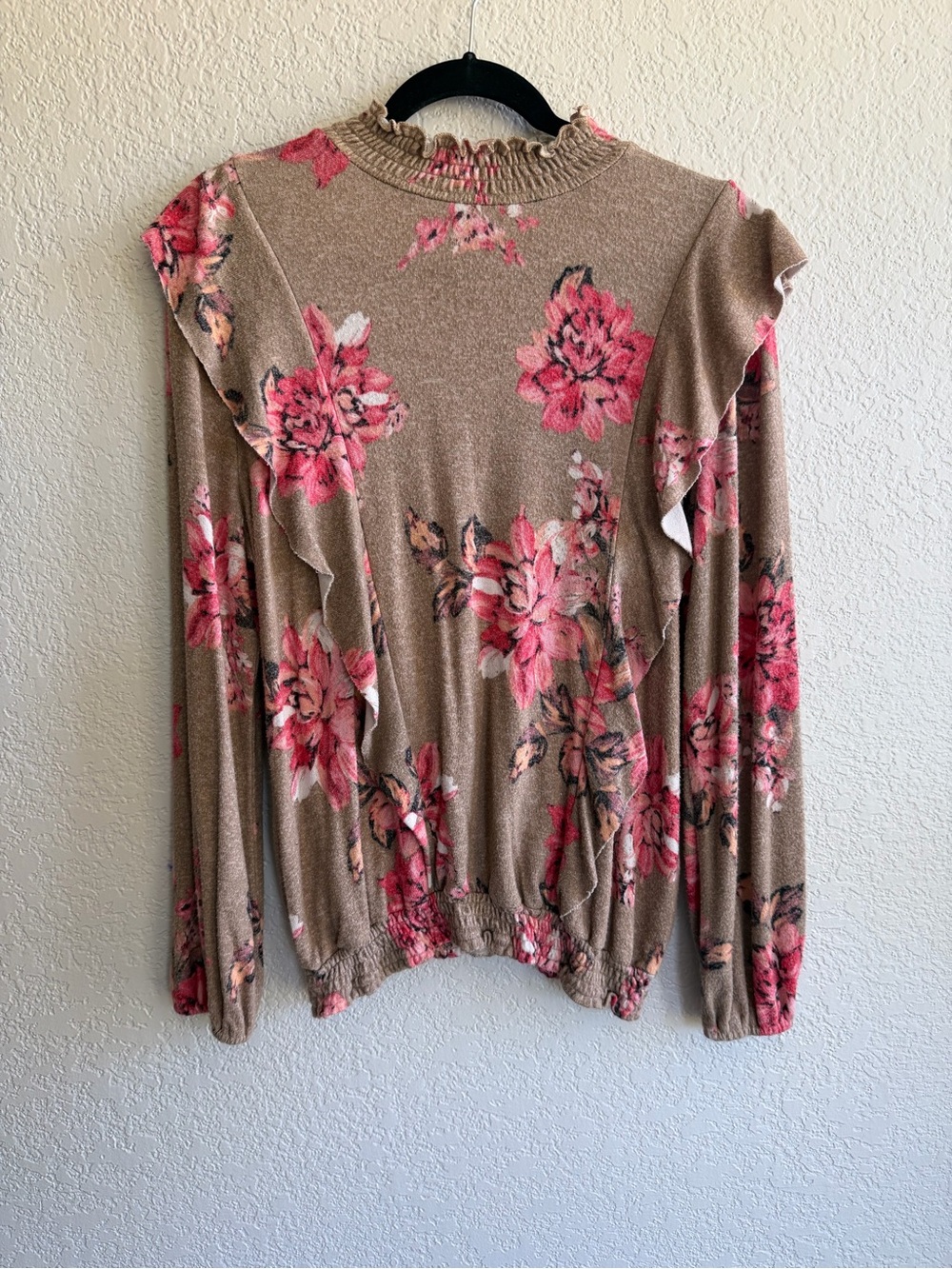 Maurices Taupe Floral Ruffle Long Sleeve Top with Pink Flowers